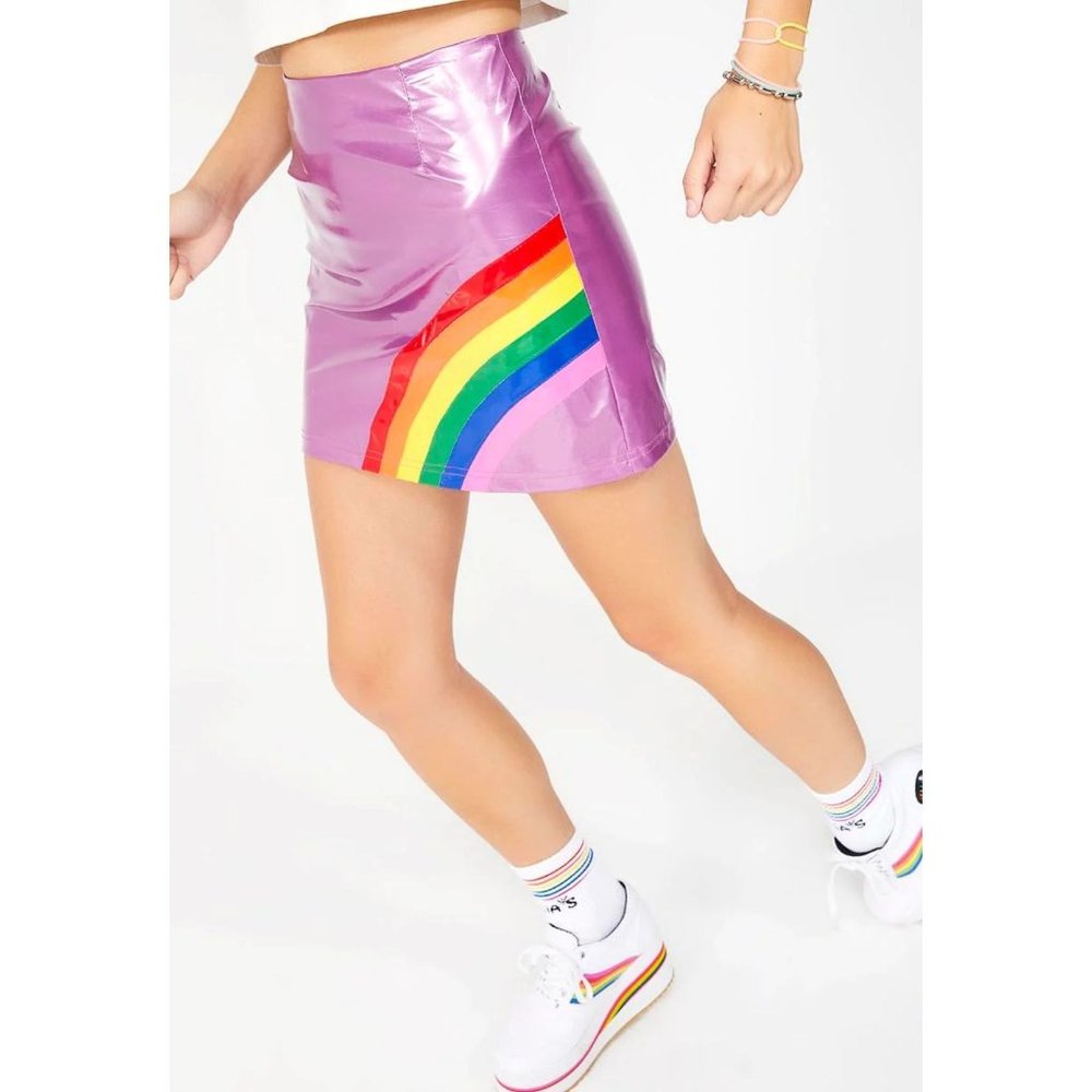 dELiA's by Dolls Kill Rainbow Magic Mini Skirt PVC Purple Polyurethane Pride  XL